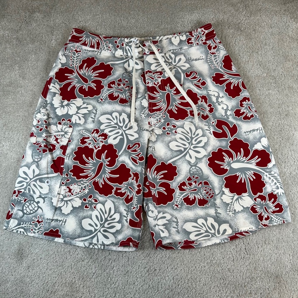 Vintage M.V Fashion Board Shorts Mens 33 Red Tropical Hibiscus Floral Swim Trunk